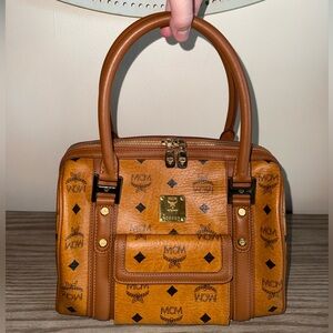 MCM Authentic Cognac Visetos Boston Bag with Front Flap Pocket includes Dustbag